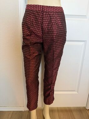 Zara Basic Burgundy Jacquard Pleated Cropped Trousers with Striping Detail